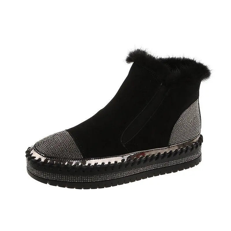 Black suede ankle snow boot with faux-fur cuff, elastic gore, and glitter toe