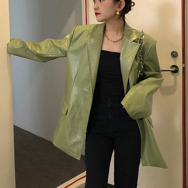 Casual Leather Loose Suit Jacket - WOMONA.COM