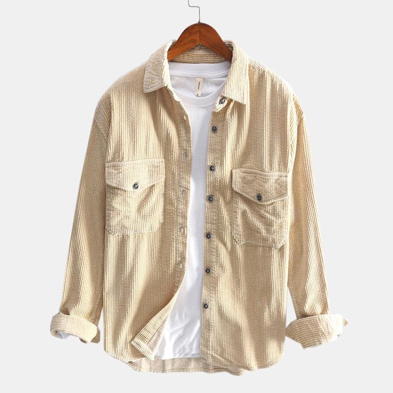 Men's corduroy retro shirt, apricot with button front and two chest flap pockets
