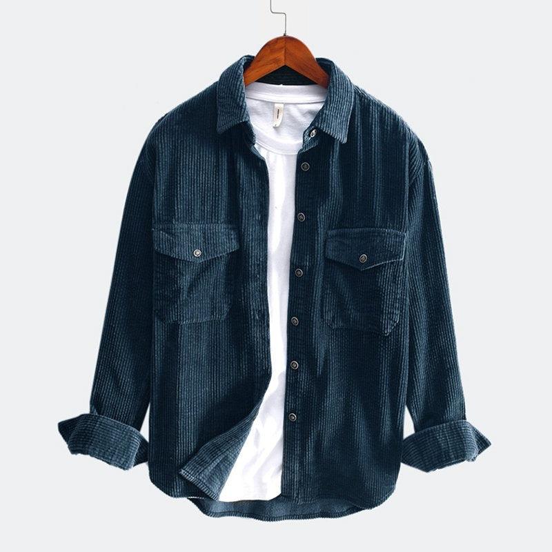 Men's corduroy retro shirt, dark blue with button front and two chest flap pockets