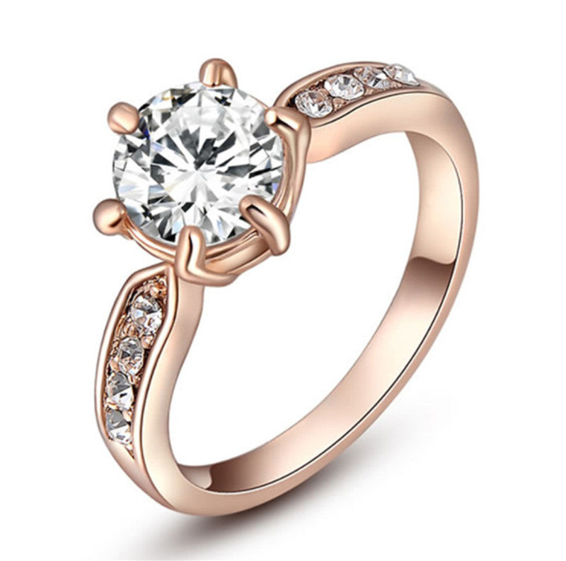 Crystal Rose Gold Six-claw Diamond Ring - WOMONA.COM