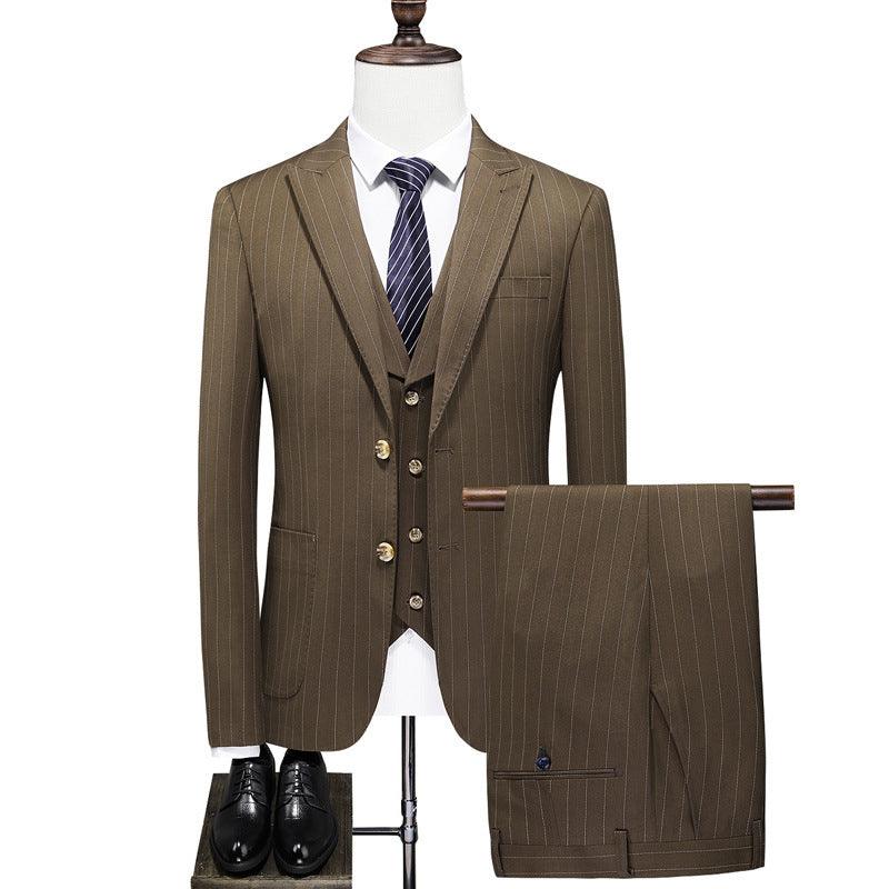 Men's three-piece slim wedding suit, khaki pinstripe blazer, vest, and trouser set