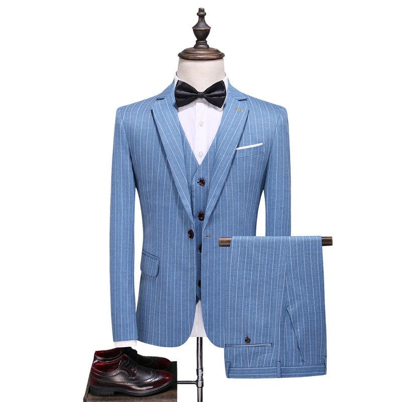 Blue pinstripe suit jacket with matching vest and trousers, black bow tie look