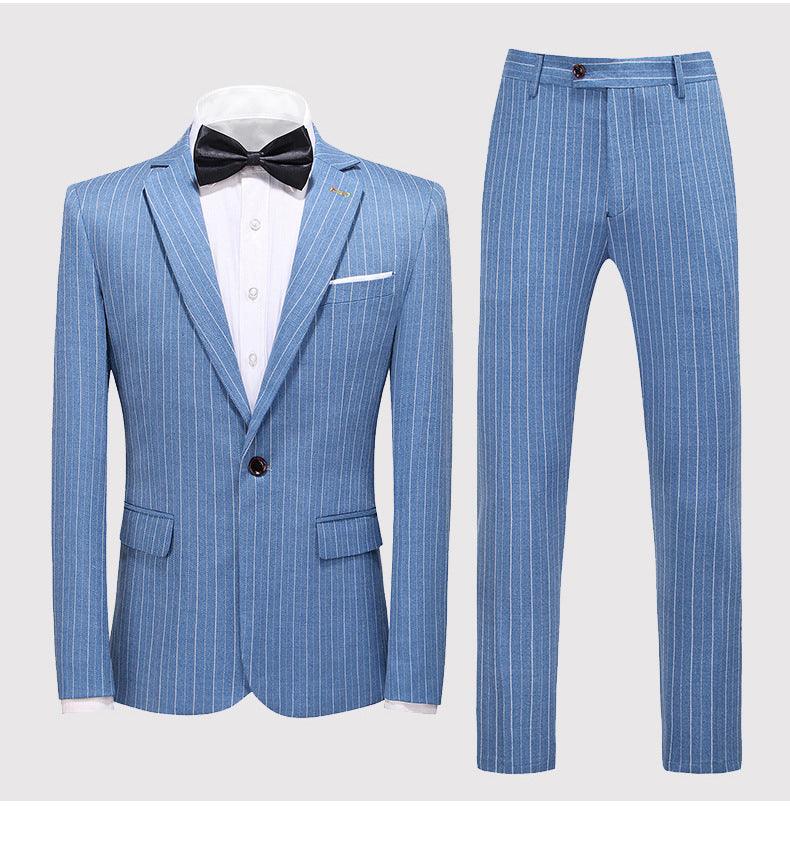 Blue pinstripe suit jacket with matching trousers and black bow tie