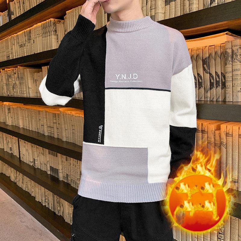 Men's color-block half-high sweater, light purple, white and black stripes, ribbed cuffs