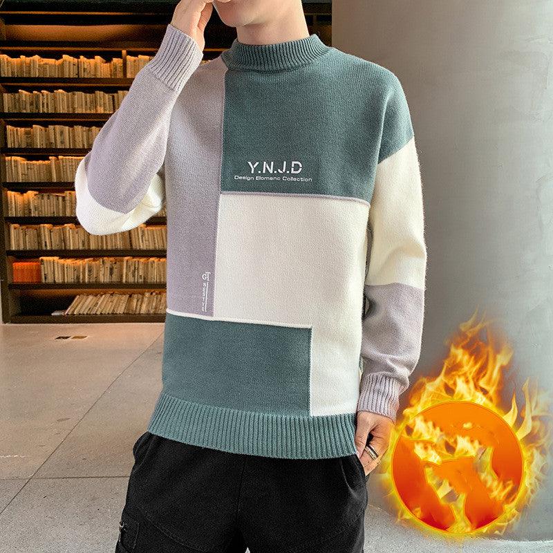Men's mock-neck color-block sweater, heather gray-green with white panel, ribbed hem
