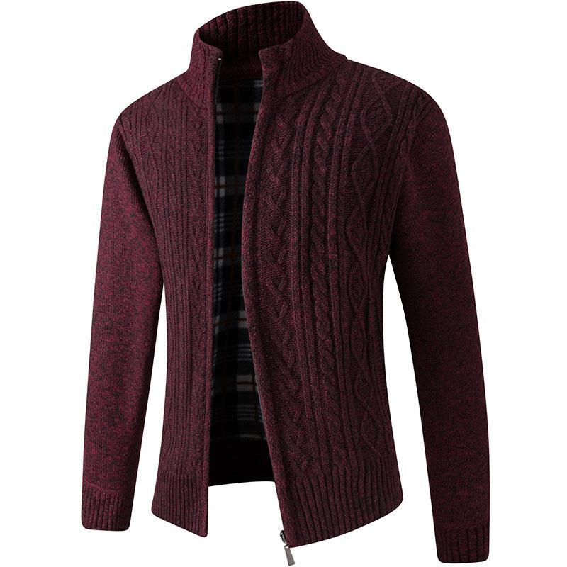 Men’s knit cardigan sweater, wine red heather, full-zip, cable texture, mock neck