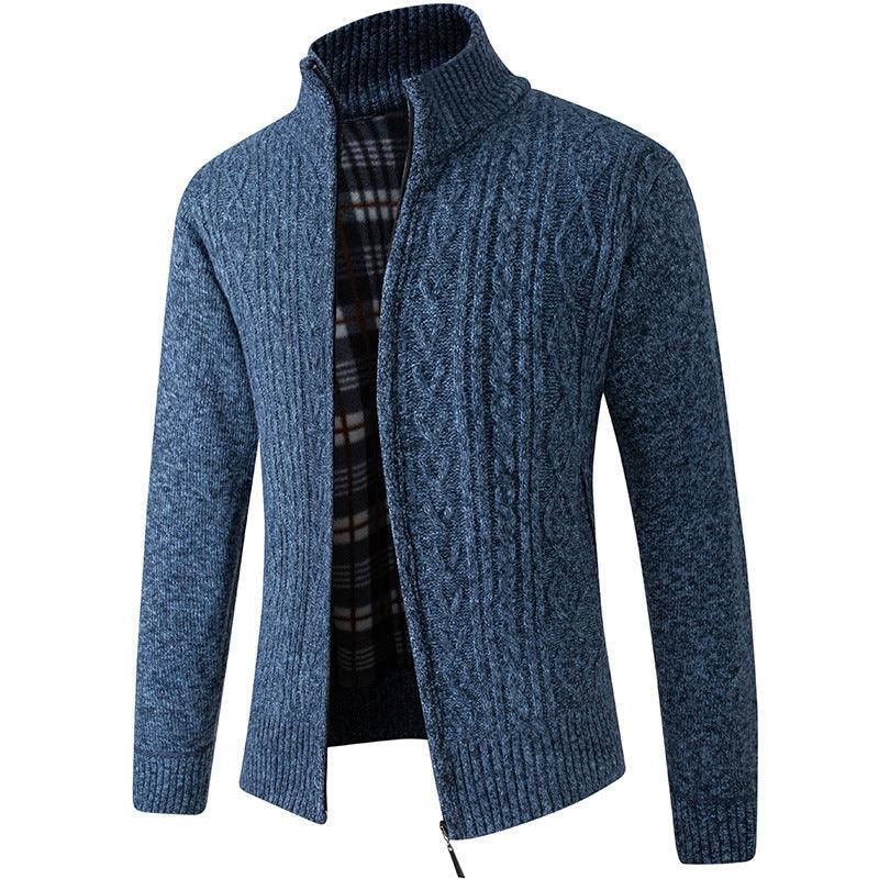 Men’s knit cardigan sweater, blue heather, full-zip, cable texture, mock neck