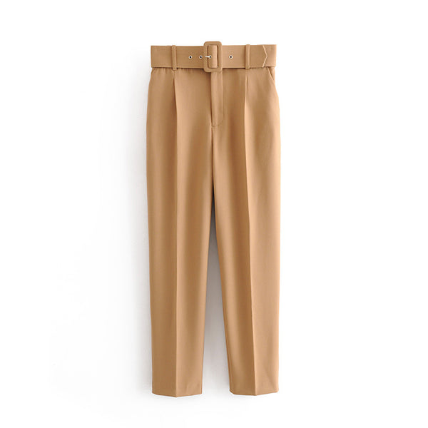 High Waist Casual Pants Yellow Cropped Trousers - WOMONA.COM