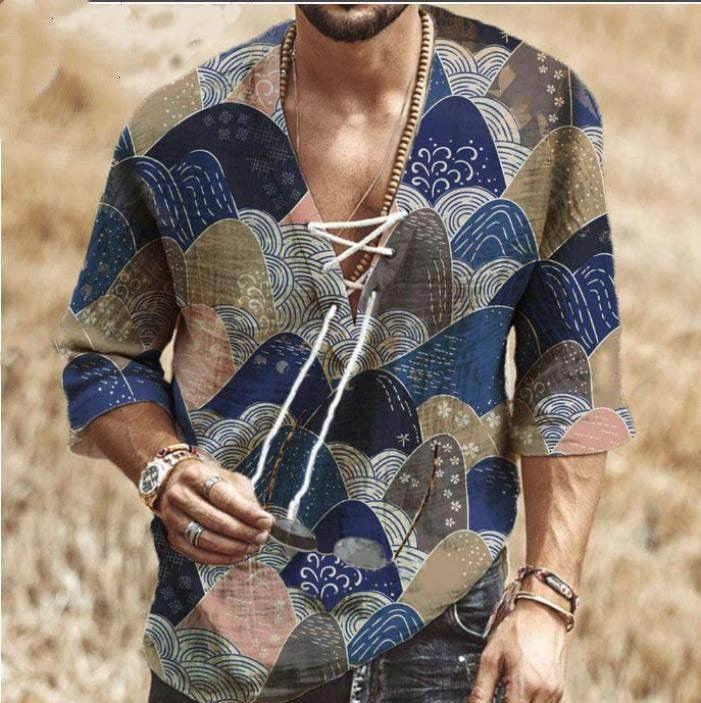 Men's printed V-neck lace-up shirt in blue multicolor, long sleeves