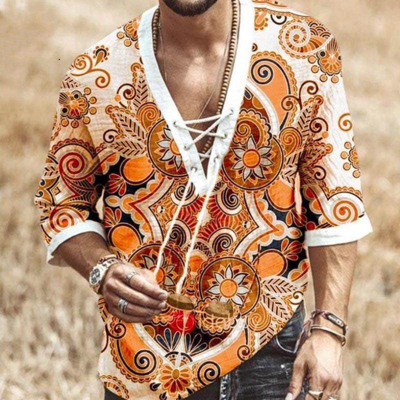 Men's printed V-neck lace-up shirt in white with orange paisley motifs, short sleeves