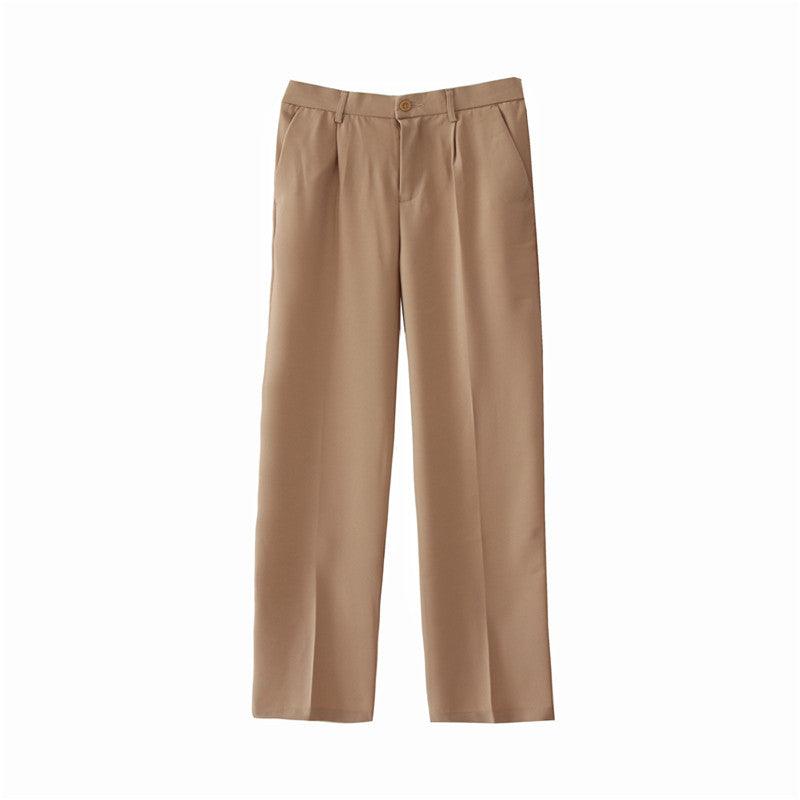 Khaki straight suit trousers with button waistband, belt loops, and pleated front