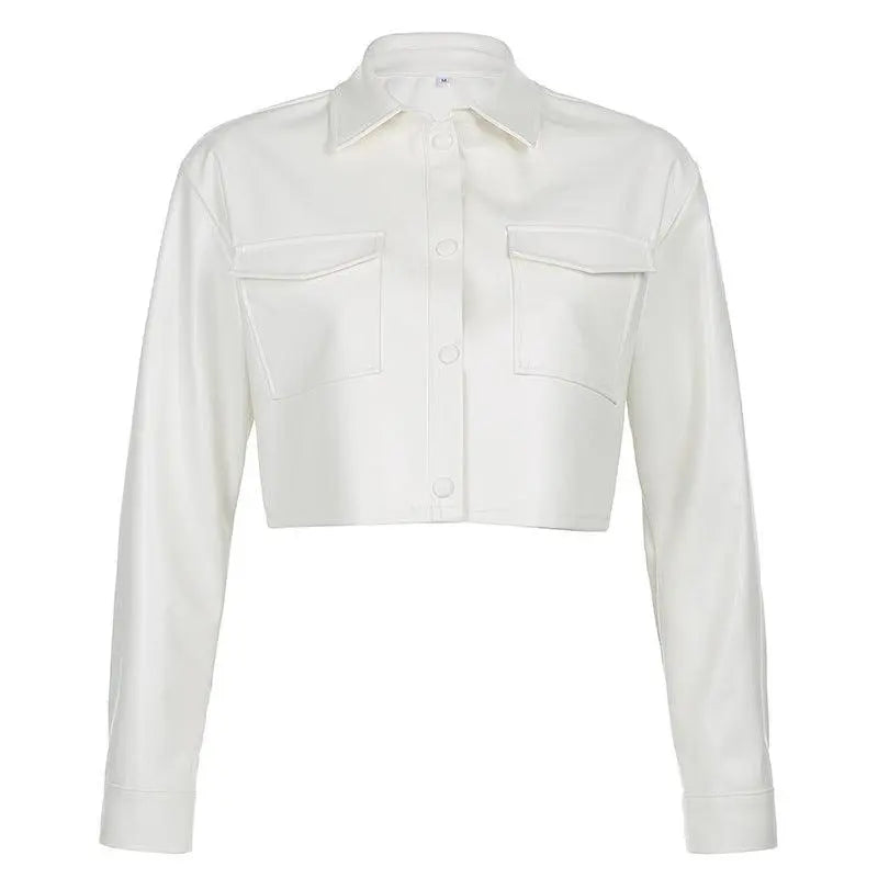 White cropped leather jacket with point collar, button front, and chest flap pockets