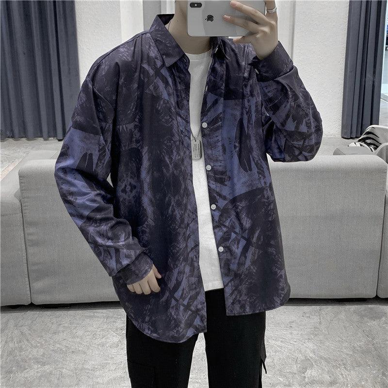 Navy long-sleeve button-up shirt with abstract pattern, point collar, relaxed fit