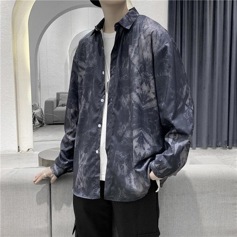Navy abstract long-sleeve button-up shirt with dropped shoulder and button front