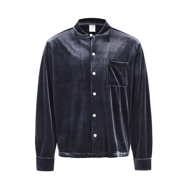 Dark blue velvet button-up shirt with stand collar, front placket, and chest pocket