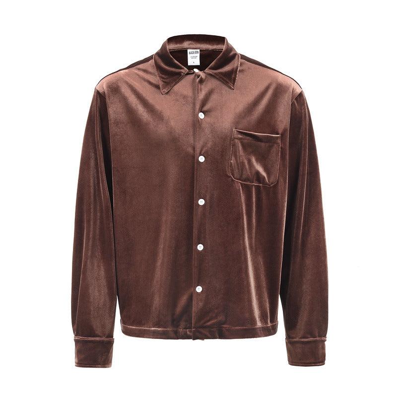 Gold-brown velvet button-up shirt with stand collar, front placket, and chest pocket