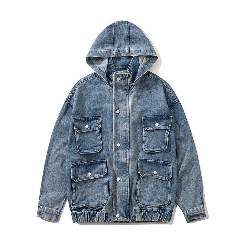 Blue denim hooded jacket with button front and four flap chest pockets
