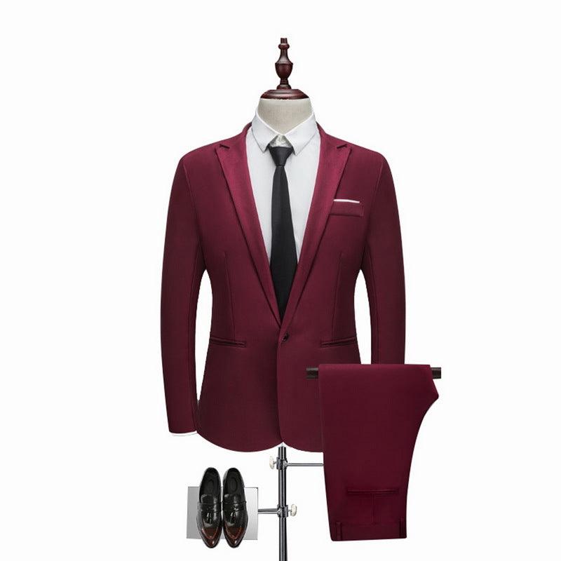 Men’s wedding suit set in burgundy: single-breasted blazer, trousers, dress shirt, black tie