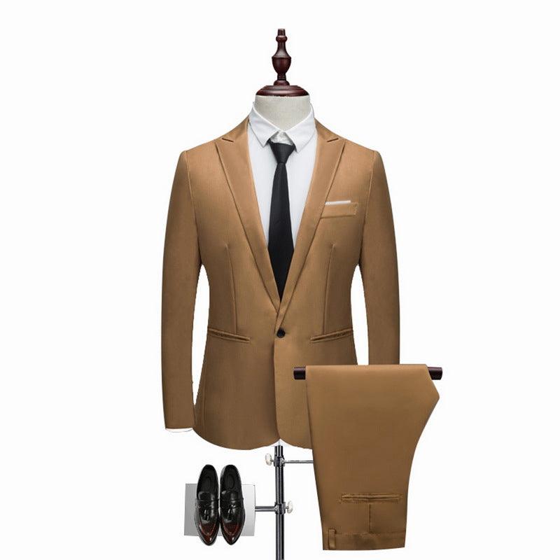 Men’s wedding suit set in tan: single-breasted blazer, trousers, shirt, black tie, shoes