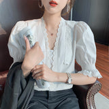 White Short-sleeved Puff Sleeve Shirt Women - WOMONA.COM