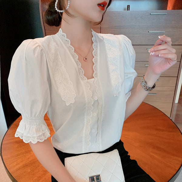 White Short-sleeved Puff Sleeve Shirt Women - WOMONA.COM