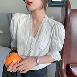 White Short-sleeved Puff Sleeve Shirt Women - WOMONA.COM