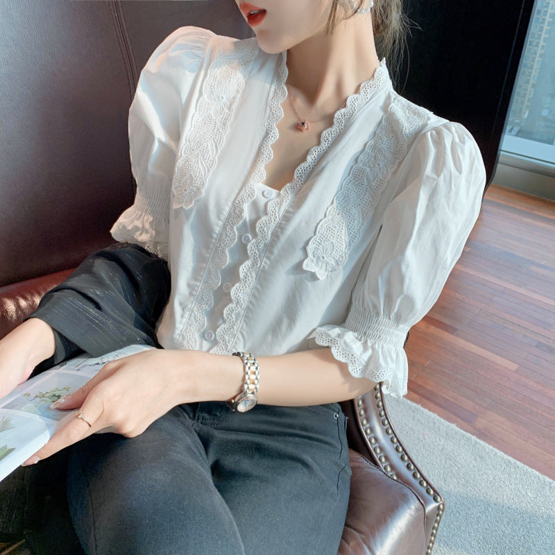 White Short-sleeved Puff Sleeve Shirt Women - WOMONA.COM