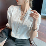 White Short-sleeved Puff Sleeve Shirt Women - WOMONA.COM