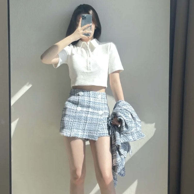 Cropped Short White Top With Short Sleeves - WOMONA.COM