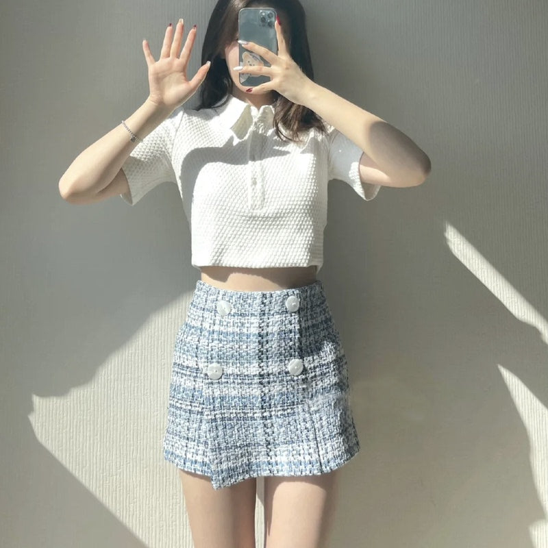 Cropped Short White Top With Short Sleeves - WOMONA.COM