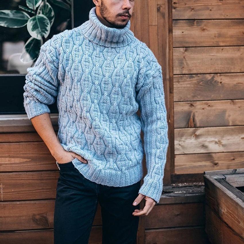 Men's diamond-twist thick knit sweater, sky blue, ribbed high turtleneck, long sleeves