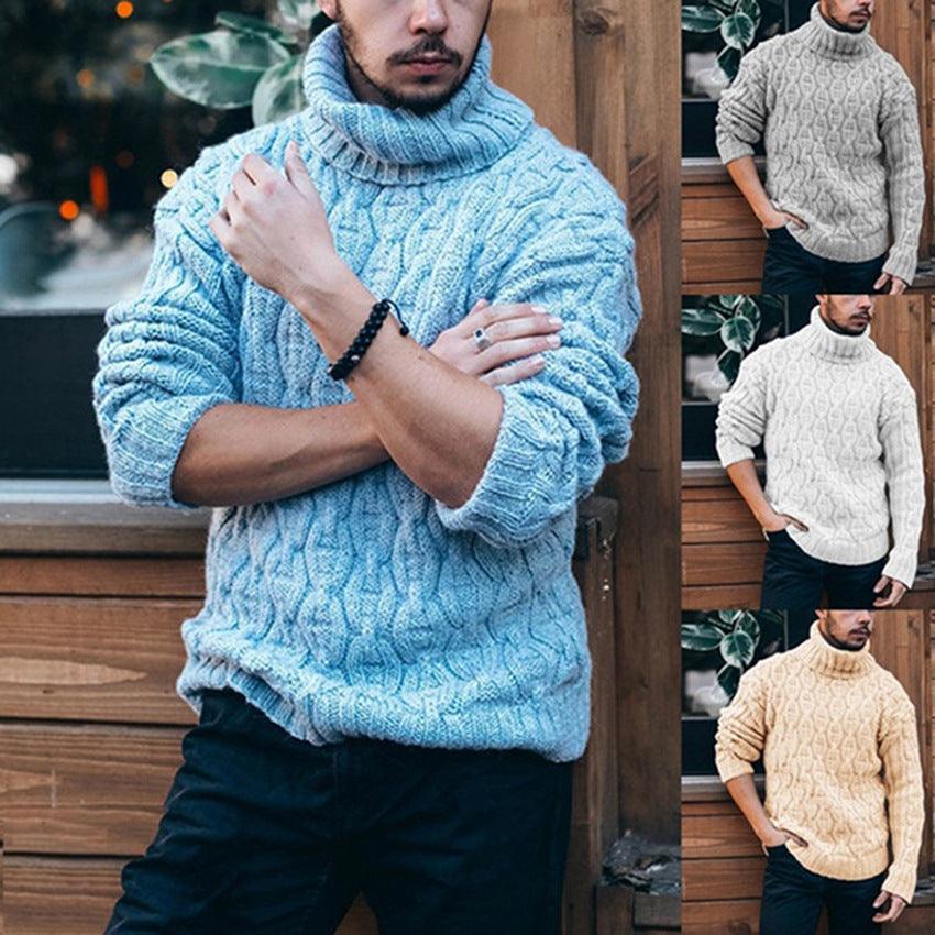 Men's diamond-twist thick knit sweater, light blue, high ribbed turtleneck, long sleeves