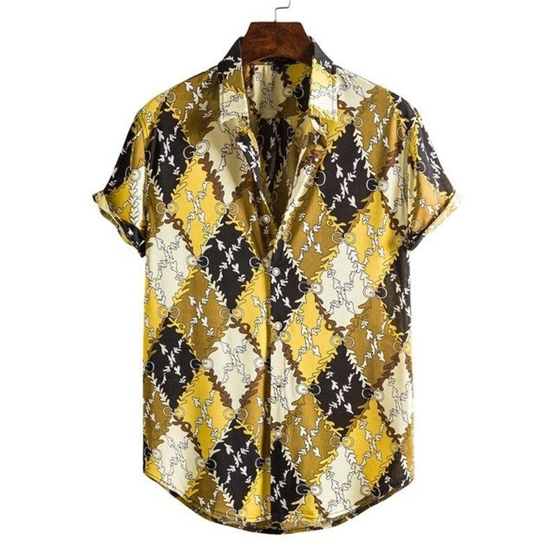 Men's casual polo shirt, yellow and black pattern with chain motifs, short sleeves, button front