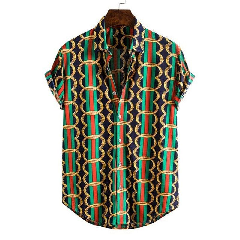 Men's casual polo shirt, teal and green vertical stripe pattern with gold chain links, short sleeves