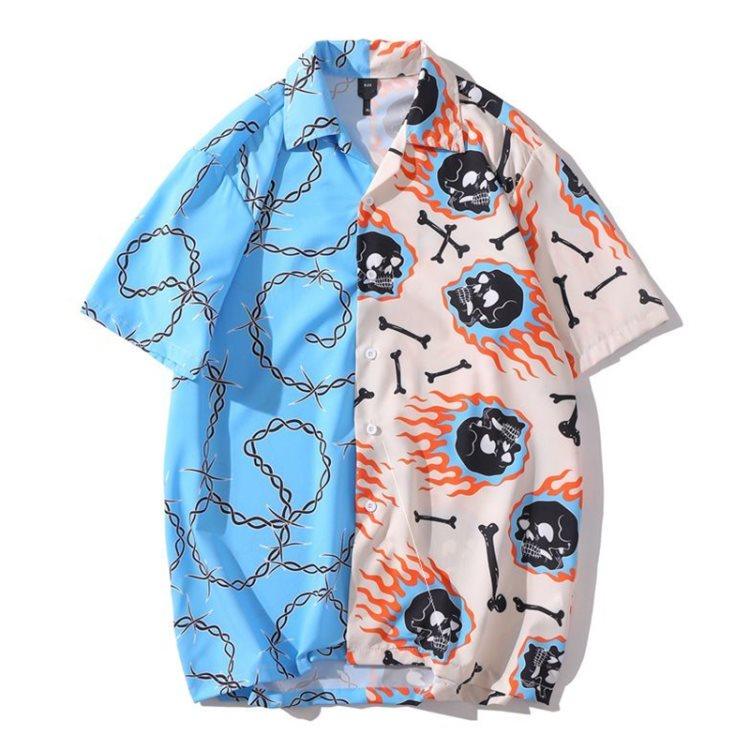 Men's loose short-sleeve shirt with skull, flame, and chain print in blue and orange