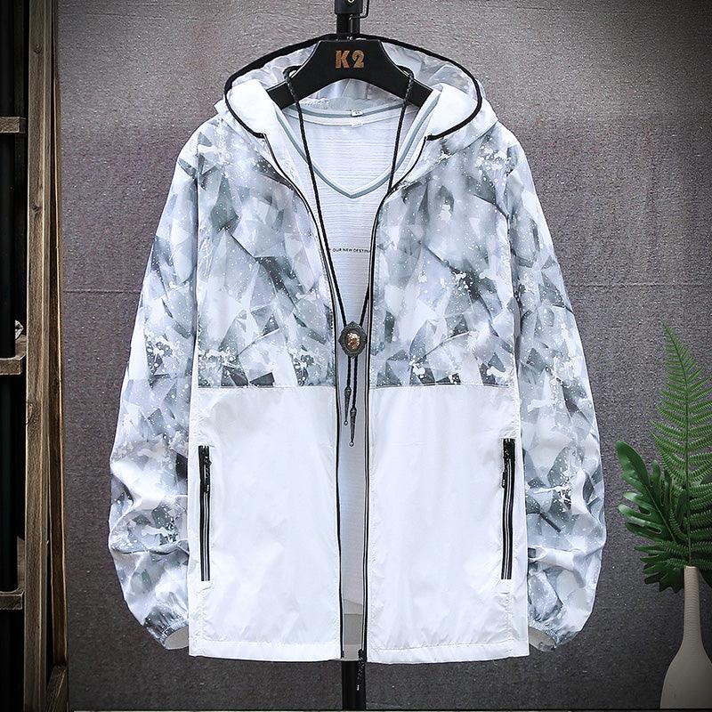 Light-blue patterned white hooded jacket with full front zipper and side pockets