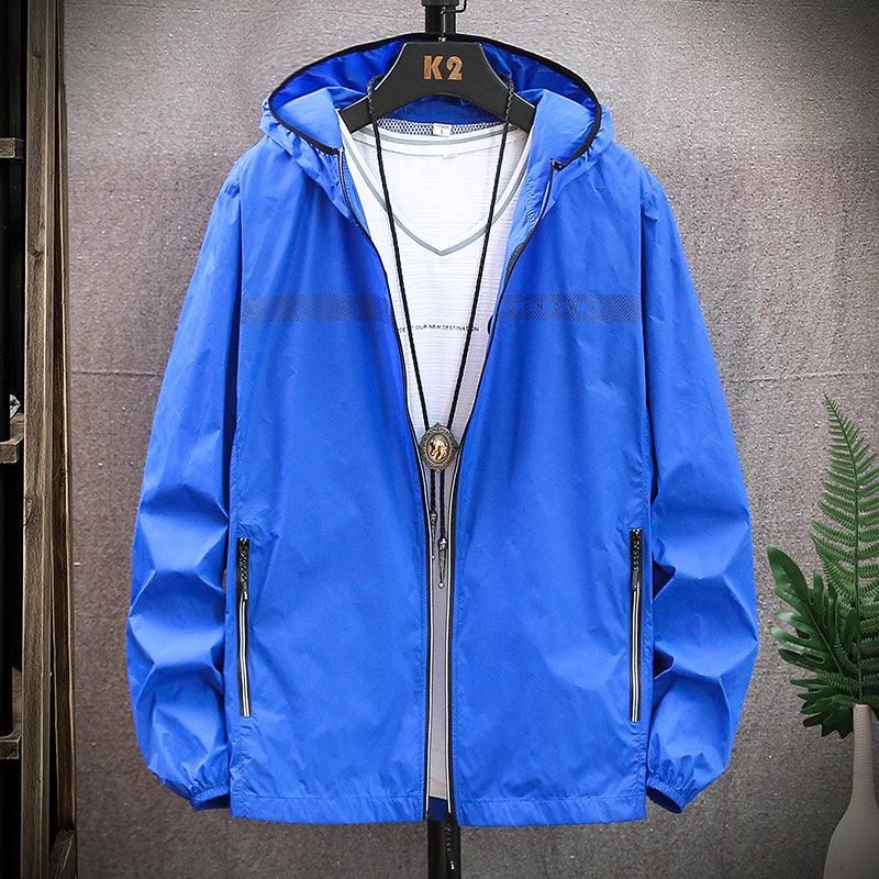 Blue hooded casual jacket with full front zipper and side zip pockets