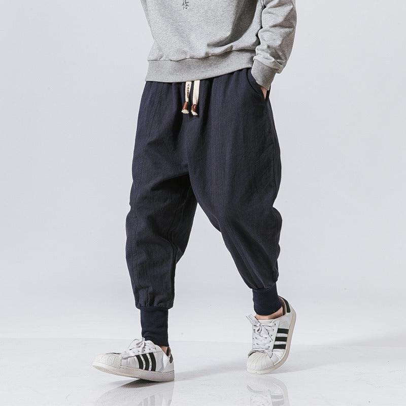 Mens navy harem pants with drawstring waist and elastic cuffed legs
