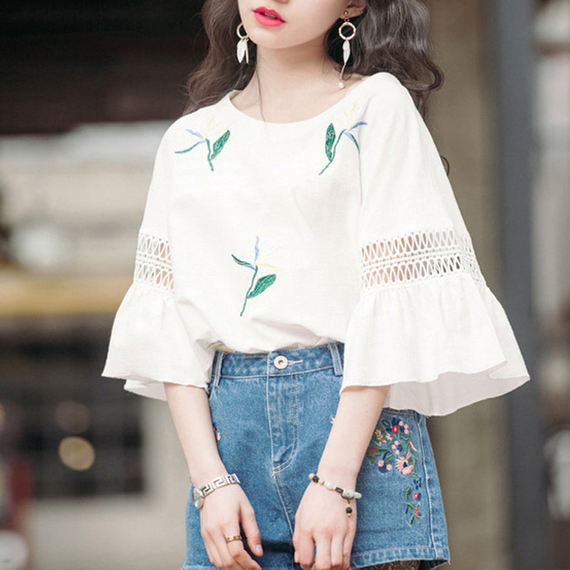 Fashion Half-Sleeved Hollow Lace Flared Sleeve Top Women - WOMONA.COM