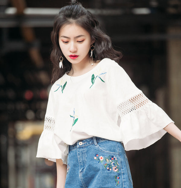 Fashion Half-Sleeved Hollow Lace Flared Sleeve Top Women - WOMONA.COM