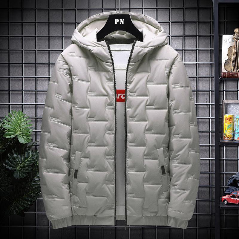 Men's short puffer jacket, light khaki, zip-front with hood and padded design