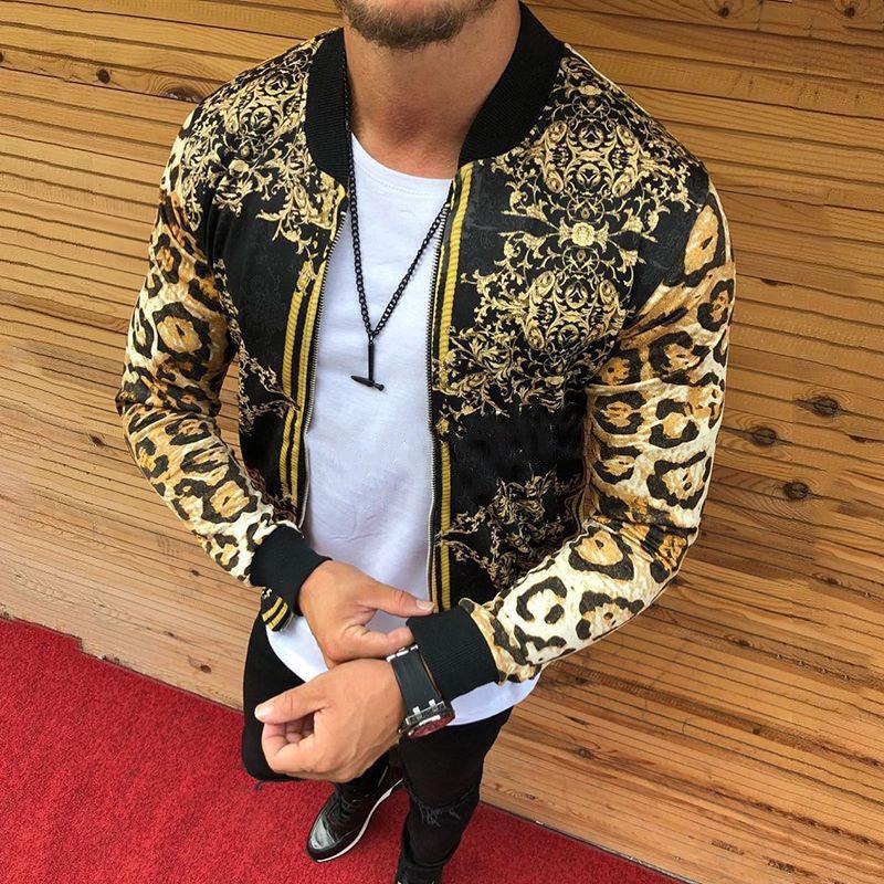 Men's casual jacket coat, black with gold ornate pattern and leopard sleeves, zip front.