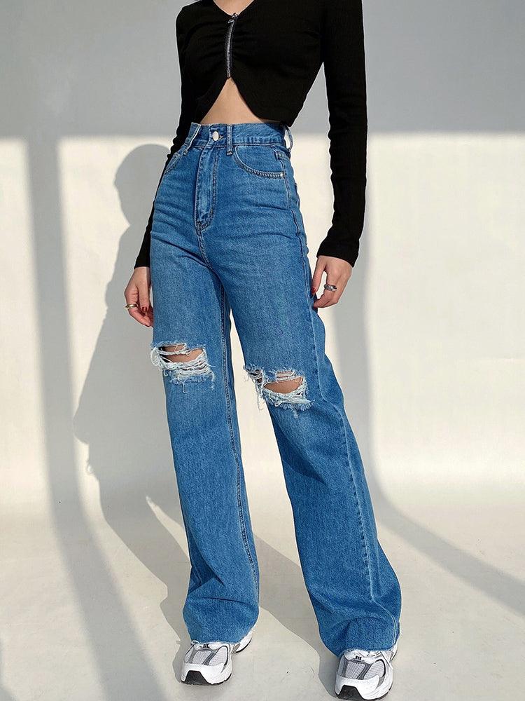 Ripped Wide-leg Jeans - WOMONA.COM