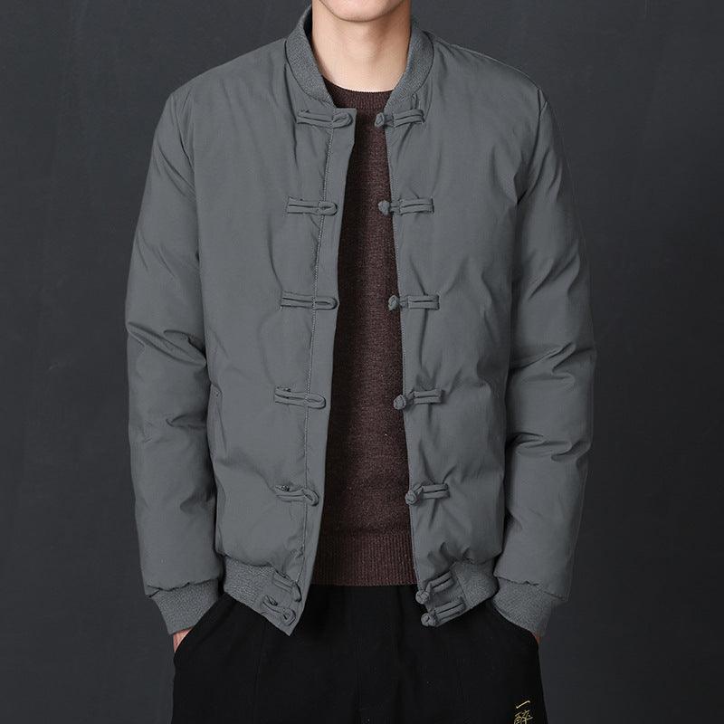 Men's padded Chinese-style jacket, slate gray, mandarin collar with frog closures