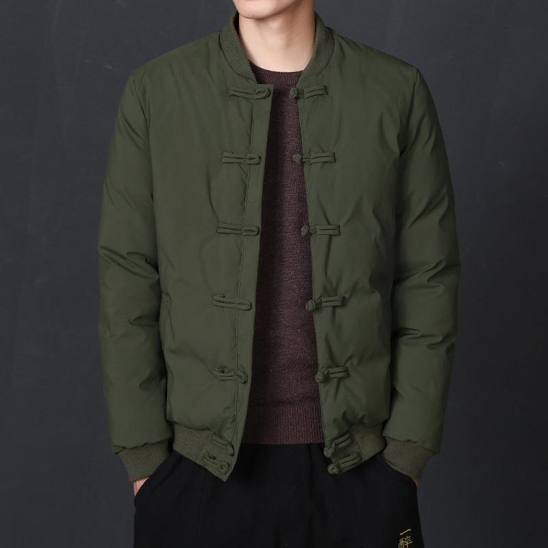 Men's padded Chinese-style jacket, olive green, mandarin collar and frog button placket