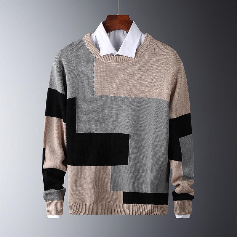 Beige, grey, and black color-block knit sweater with ribbed cuffs and hem