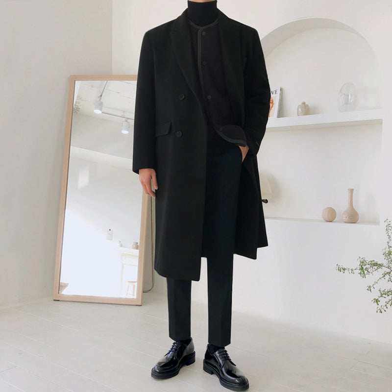 Men's black long wool coat, stand collar, button front, long length, side pockets