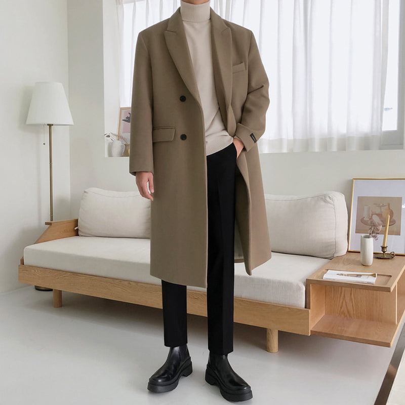 Men's camel long wool coat, notched lapels, double-breasted buttons, front pockets