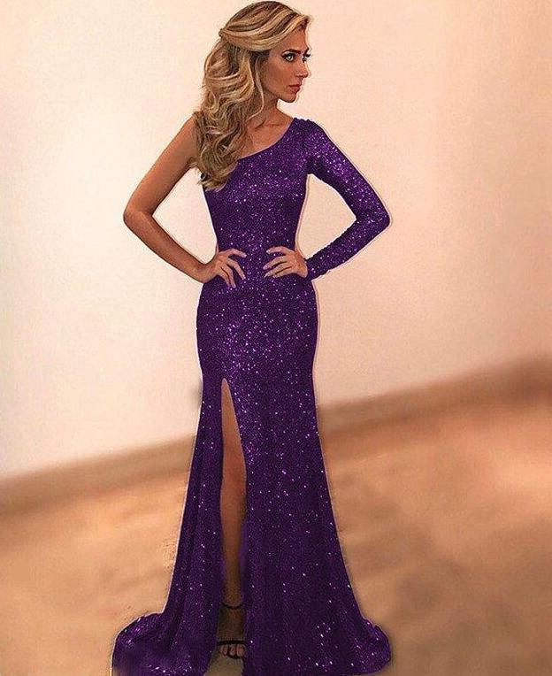 One Shoulder Bronzing Evening dresss - WOMONA.COM